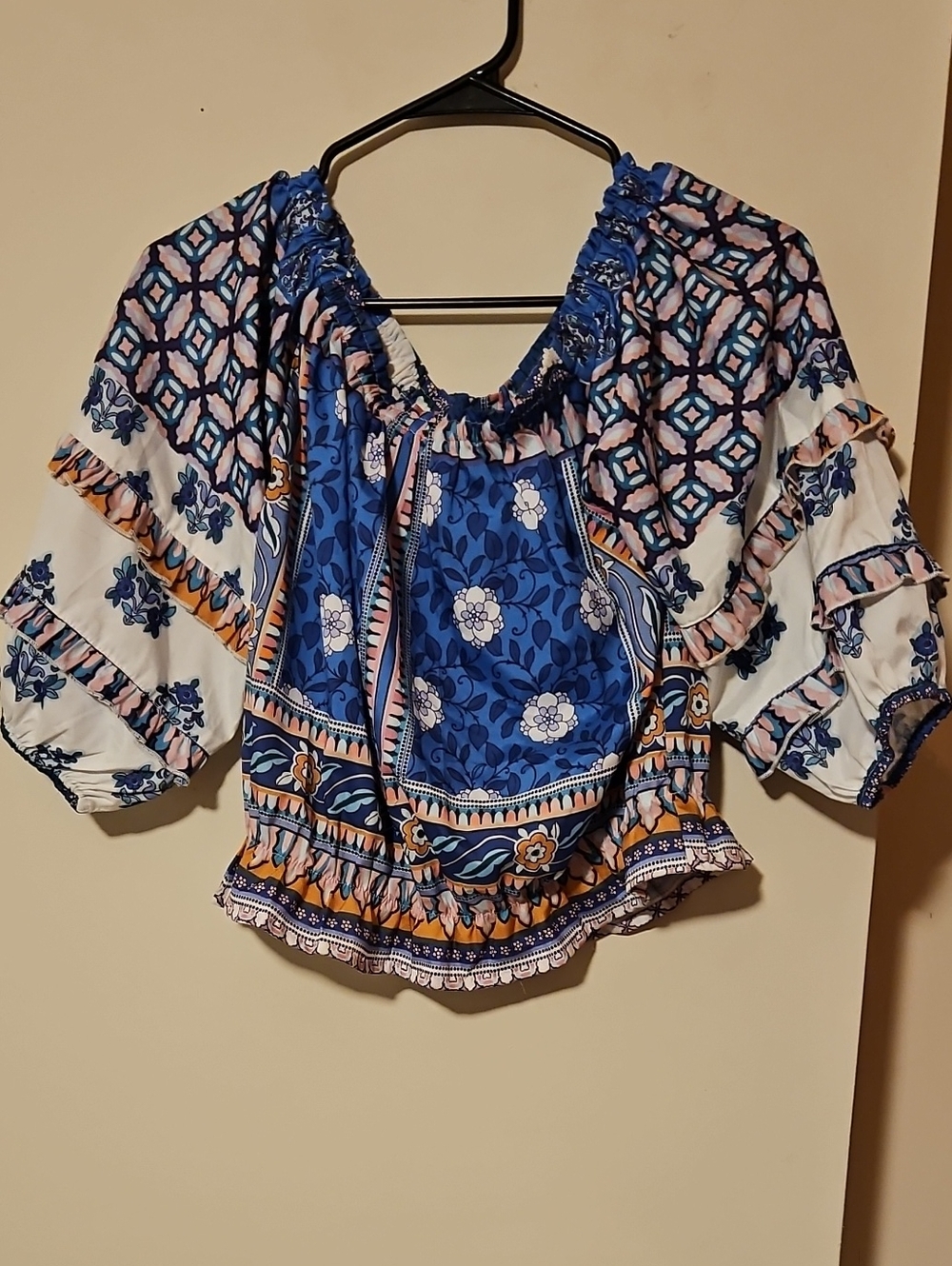 Rachel Zoe Blue and White Boho Floral Blouse